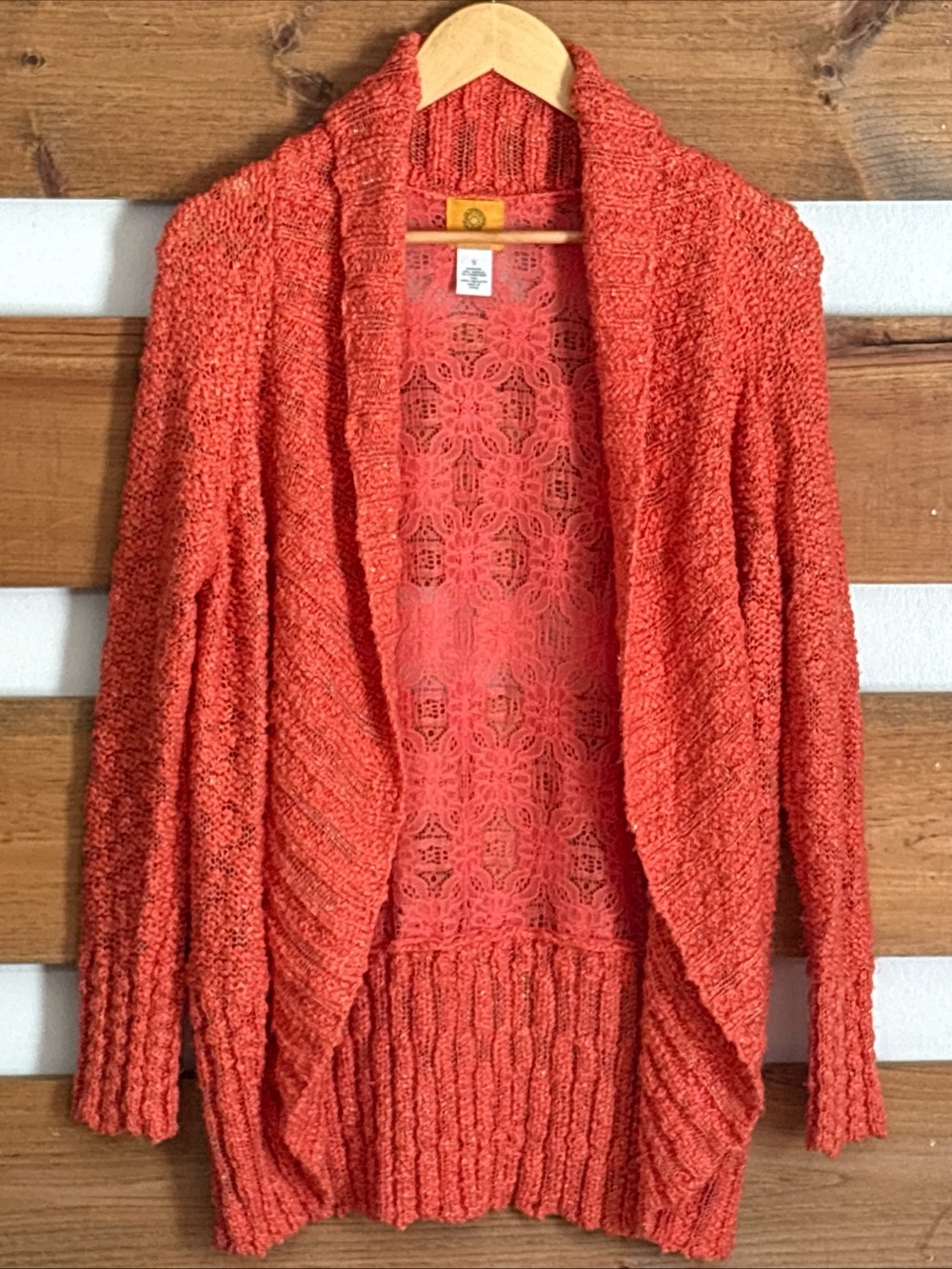 Ruby Rd. Coral Orange Open Front Long Sleeve Cardigan Floral Design Size S